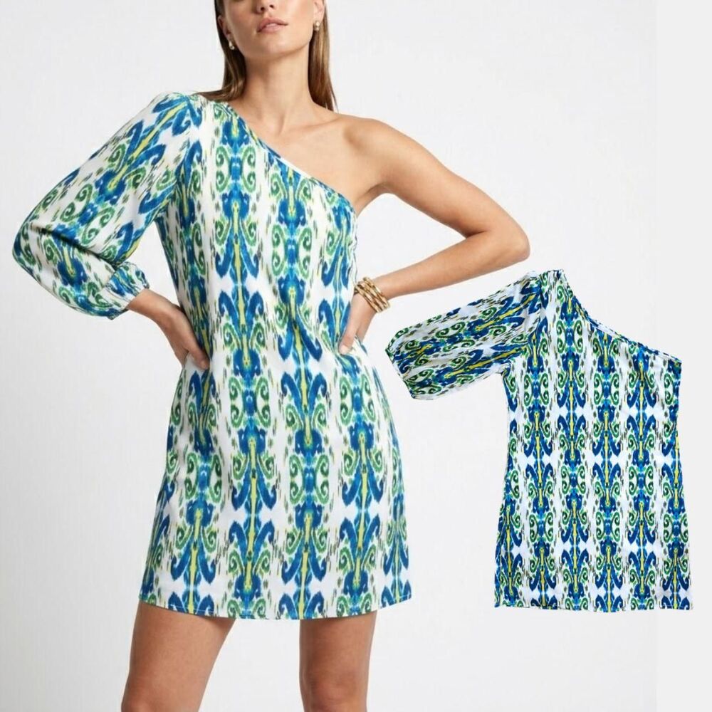Peach Love Cream One Shoulder Dress Medium Blue Green Ikat Print Resort Sheath